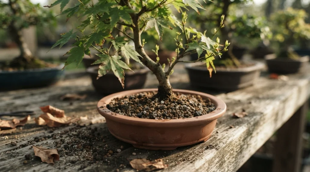 Recovering bonsai with new buds and healthy growth after treatment for bonsai root rot