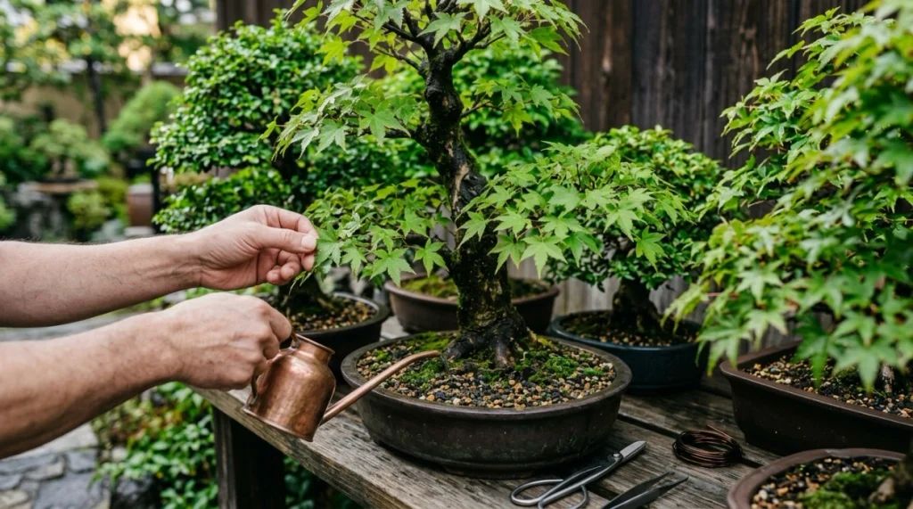 Healthy spaced bonsai with root-zone watering, dry foliage, clean tools, and good airflow