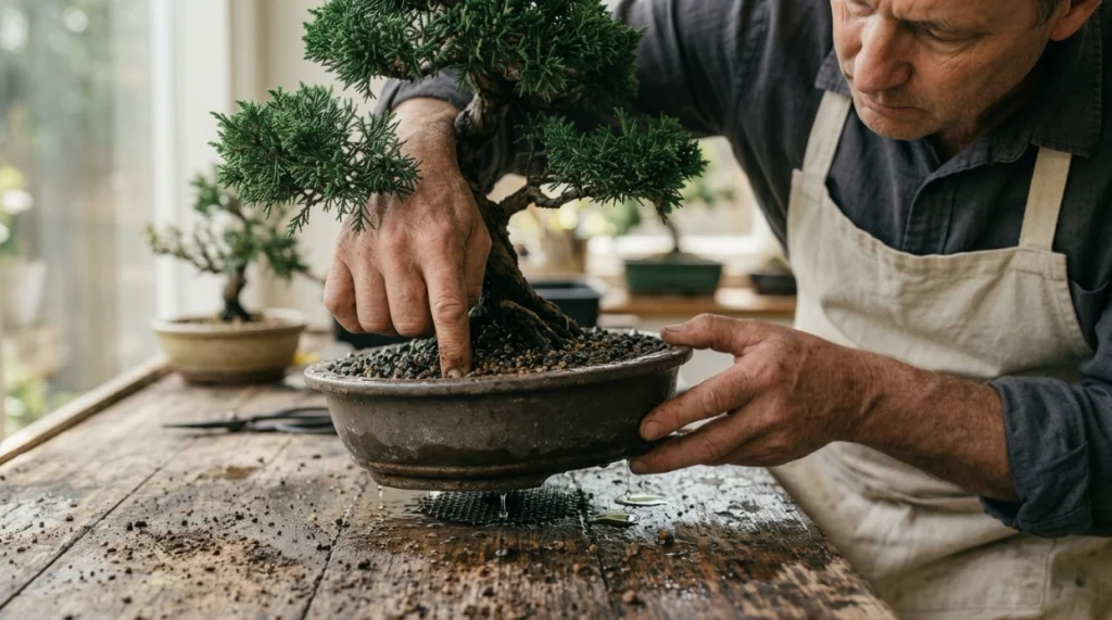 Grower checking wet bonsai soil below the surface while observing slow pot drainage