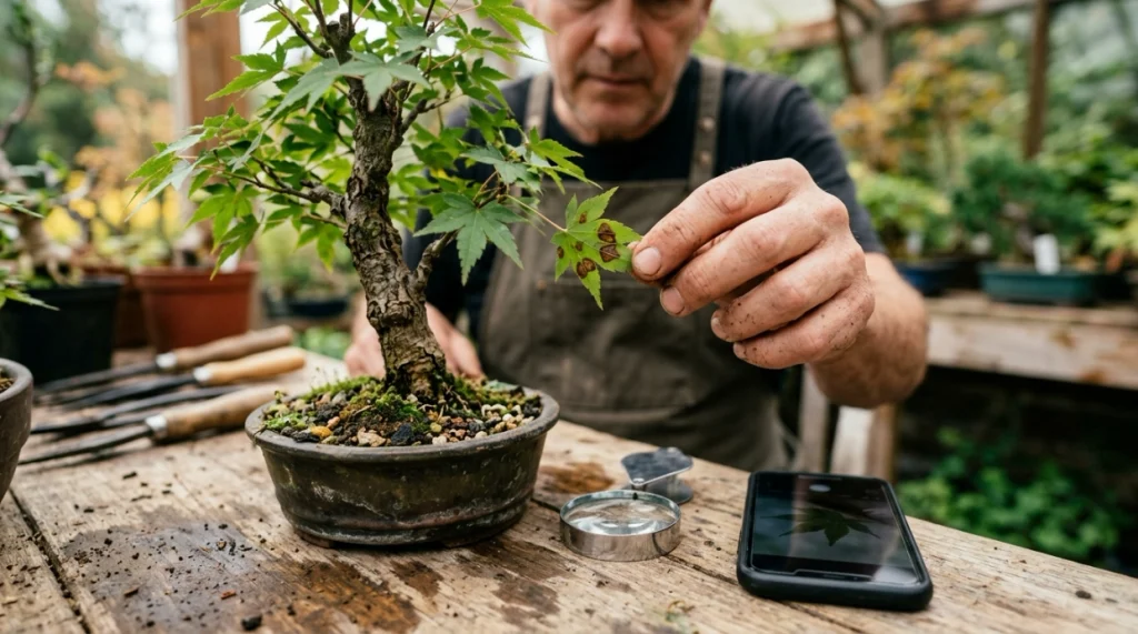 Grower inspecting bacterial leaf spot on bonsai by checking the underside of affected leaves