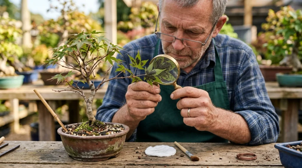 Grower inspecting black fungus on bonsai leaves with a hand lens