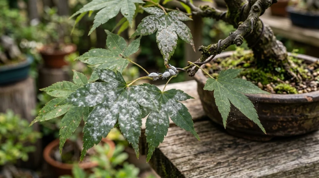 Close-up of bonsai leaves with white powdery mildew and common look-alike symptoms