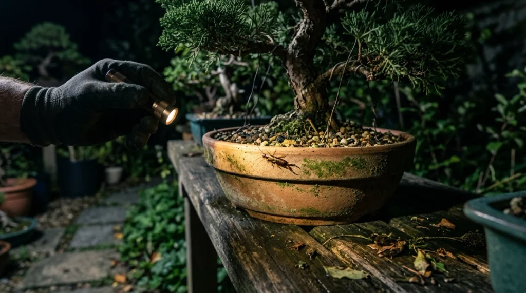 Night inspection revealing a brown earwig with rear pincers on a bonsai pot rim