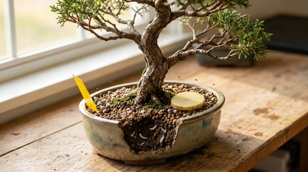 Fungus gnats on bonsai trees with adults, larvae, yellow sticky card, and potato monitoring slice