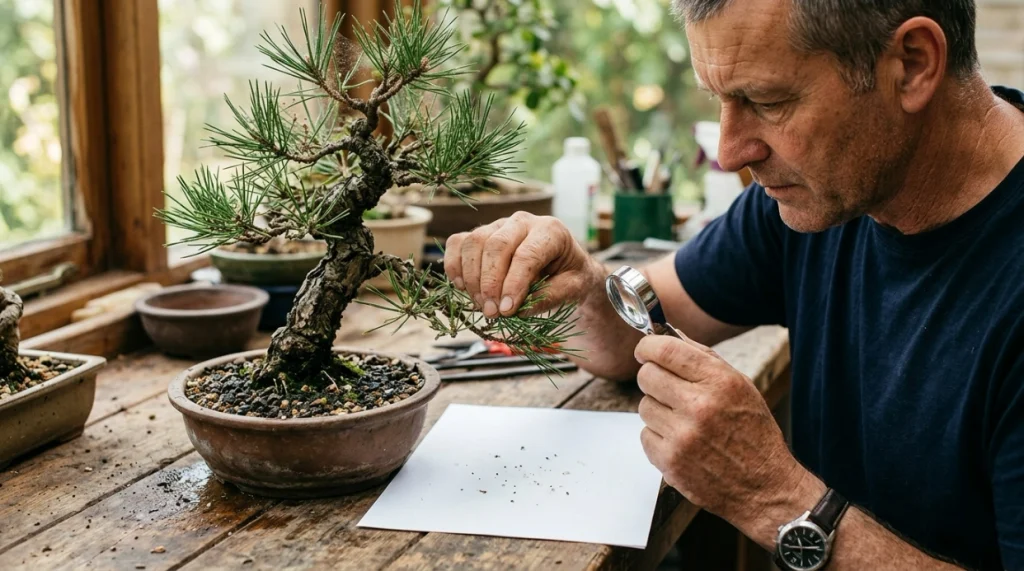 Grower checks tiny white bugs on bonsai with white paper and a hand lens