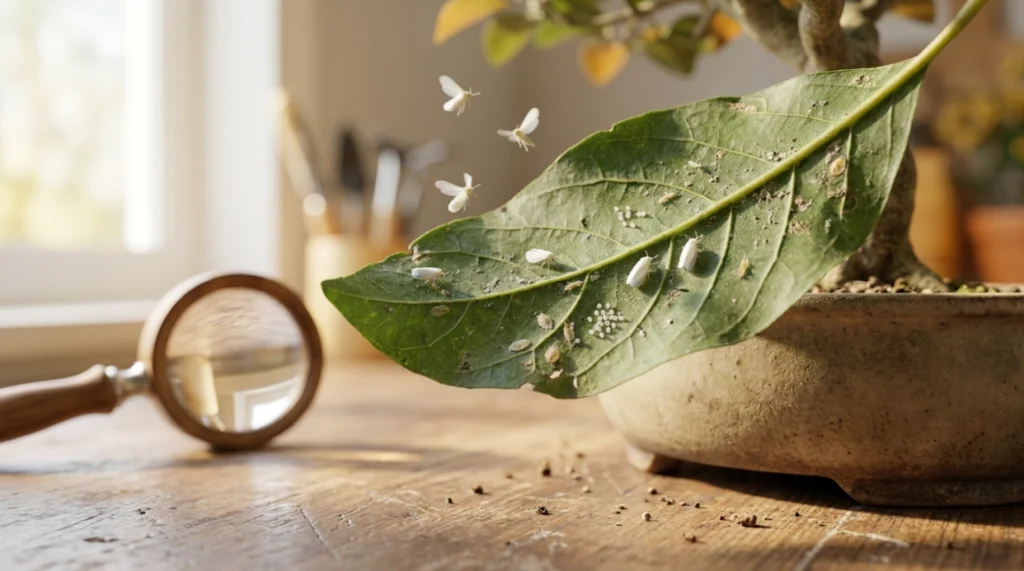 Whiteflies on bonsai leaf underside showing adults, eggs, crawlers, and flat nymphs