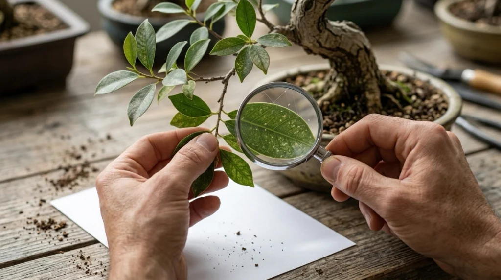 Grower checking stippled bonsai leaves for spider mites using a hand lens and white-paper tap test.