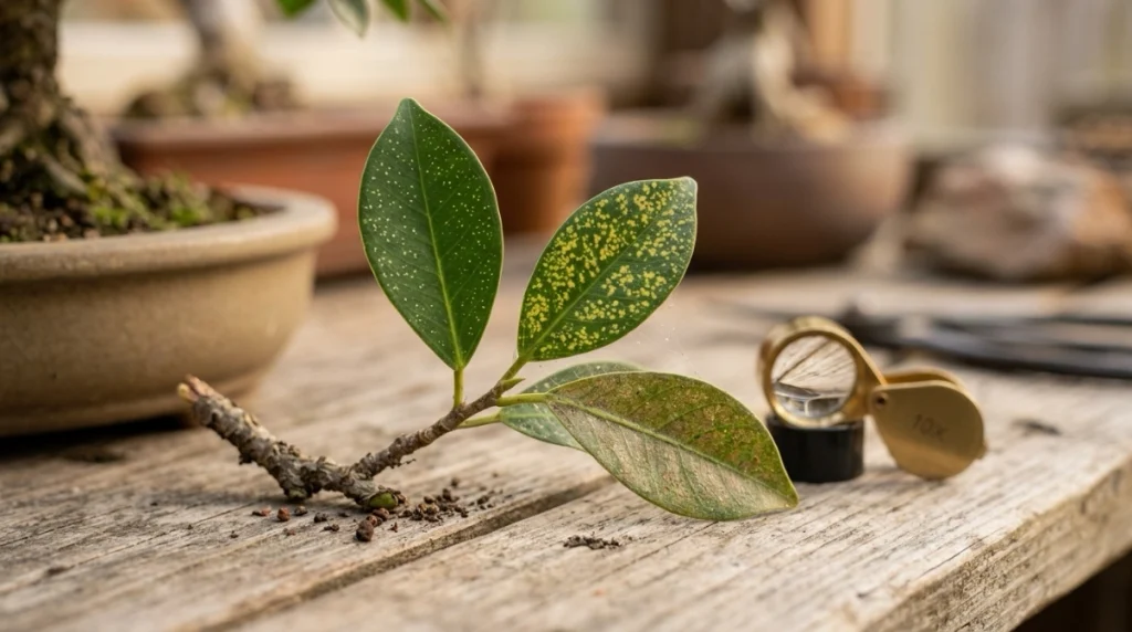 Bonsai leaves showing early pale stippling, yellow speckles, bronzing, and fine spider mite webbing