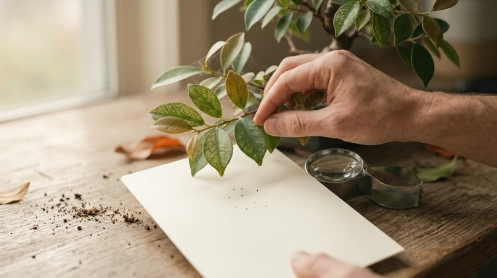 White paper test for spider mites on bonsai with tapped foliage and hand lens