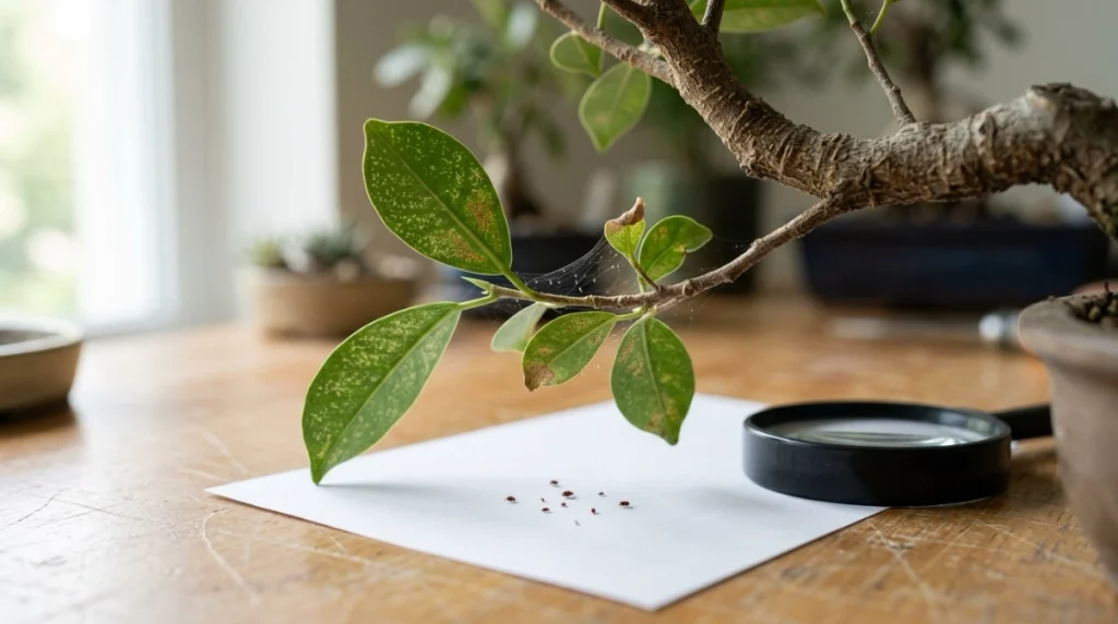 Bonsai leaves with spider mite stippling and webbing above a white-paper inspection test