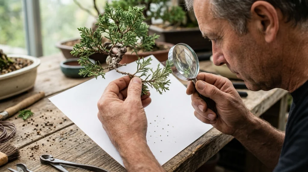 Grower checks spider mites on bonsai leaves using a hand lens and white-paper test