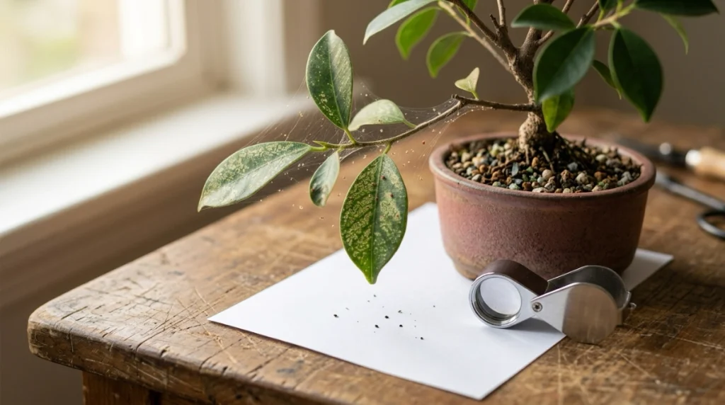 Bonsai leaf inspection using a hand lens and white-paper test for spider mites