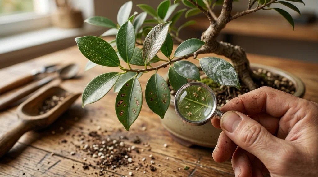 Gardener uses a hand lens to compare different speckled bonsai leaf patterns.