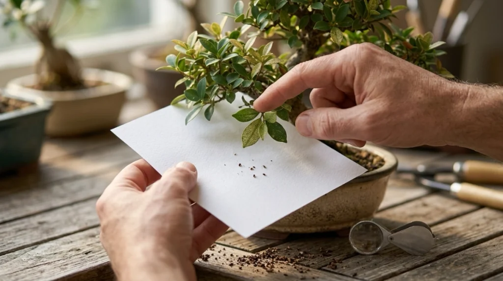 Grower tapping bonsai foliage over white paper to confirm spider mite damage on bonsai