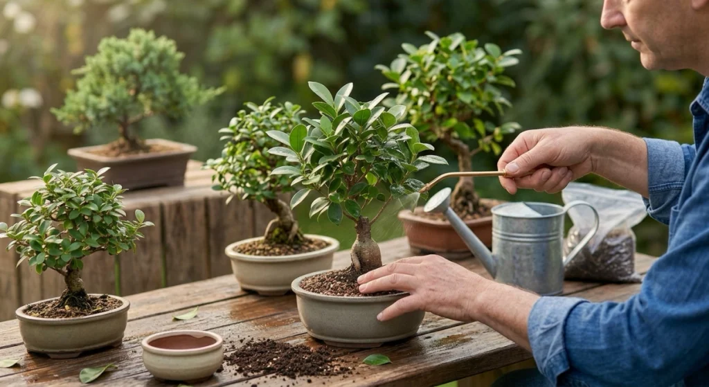 Bonsai grower watering and rinsing foliage to prevent spider mites on bonsai