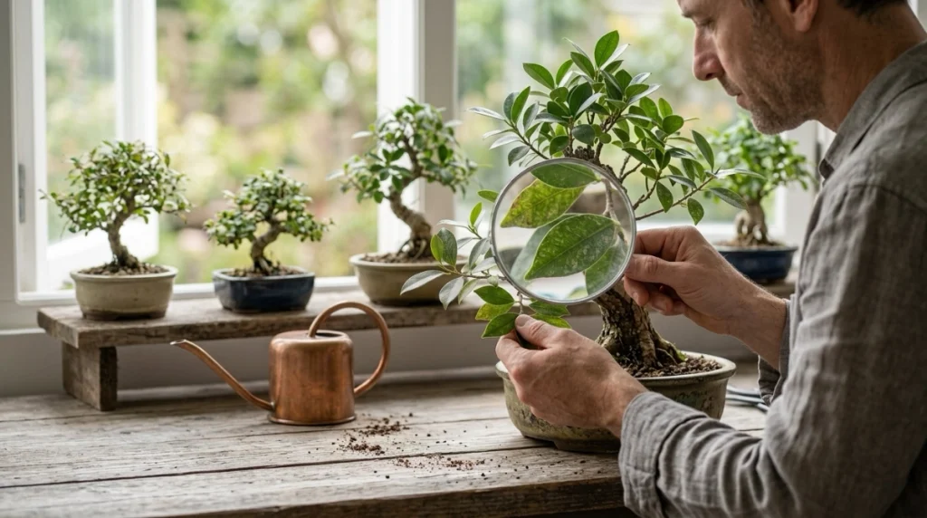 Recovering bonsai with healthy new growth being checked for returning spider mites.