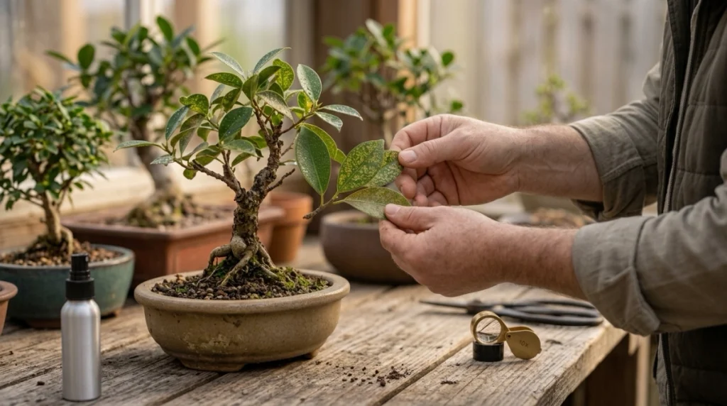 Grower isolates a bonsai and rinses leaf undersides after confirming spider mites