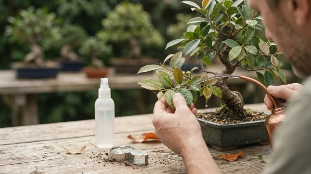 Grower isolating and rinsing a bonsai after confirming spider mites