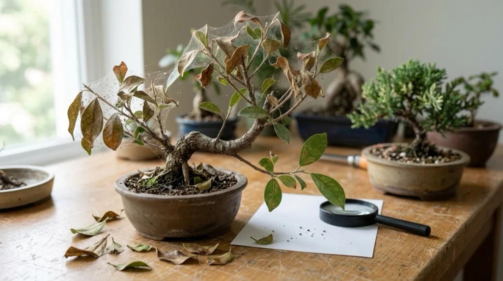 Bonsai with heavy spider mite webbing, bronzed leaves, leaf drop, and nearby plant spread