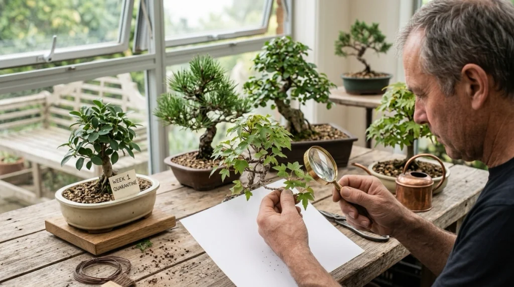 Healthy bonsai collection with inspection, airflow, quarantine, clean tools, and proper watering