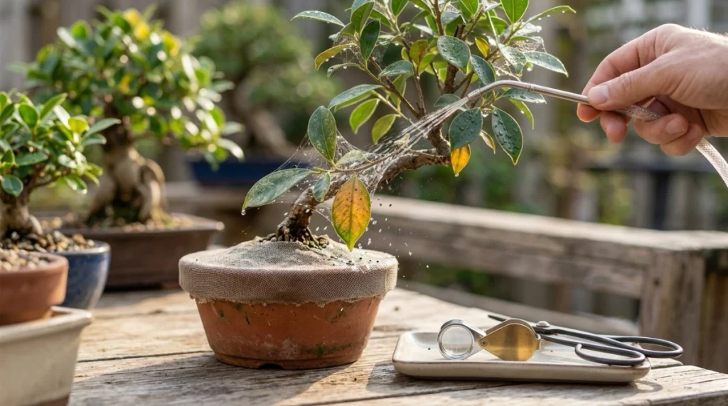 Isolated bonsai being gently rinsed to remove spider mites and fine webbing from leaves