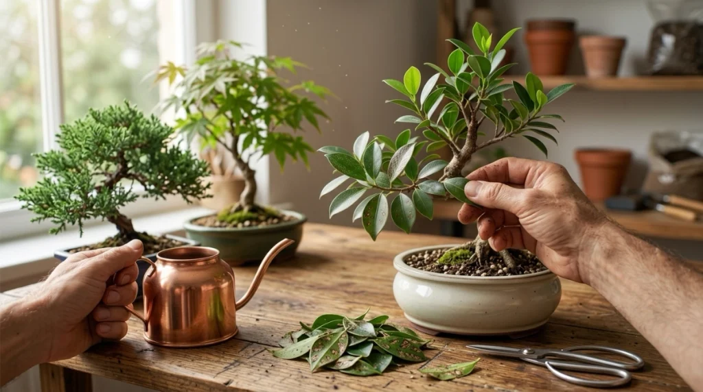 Grower isolates a speckled bonsai and checks leaves while healthy new growth develops.