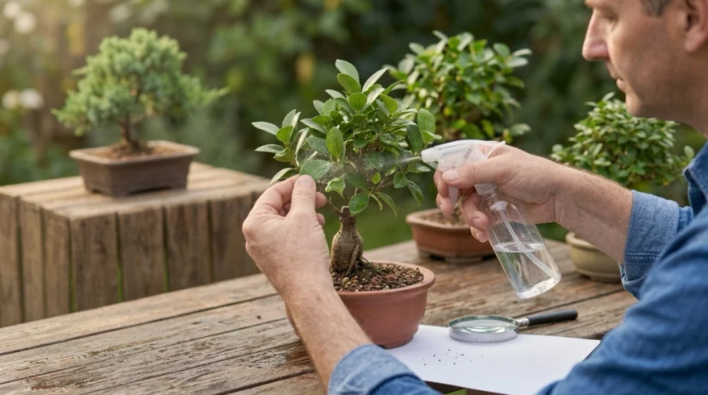Isolated bonsai being rinsed after spider mites are confirmed with inspection