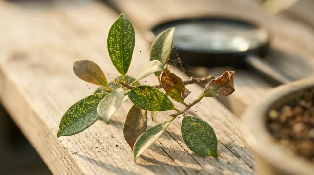 Bonsai leaves showing spider mite stippling, bronzing, fine webbing, and early leaf drop.