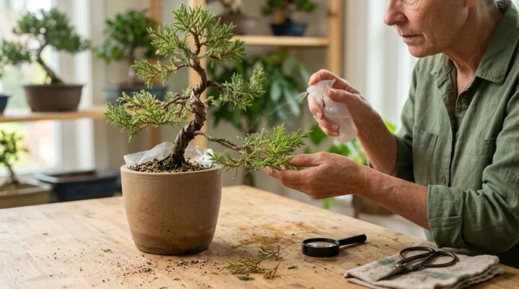 Isolated bonsai being rinsed after a spider mite infestation while damaged leaves are inspected