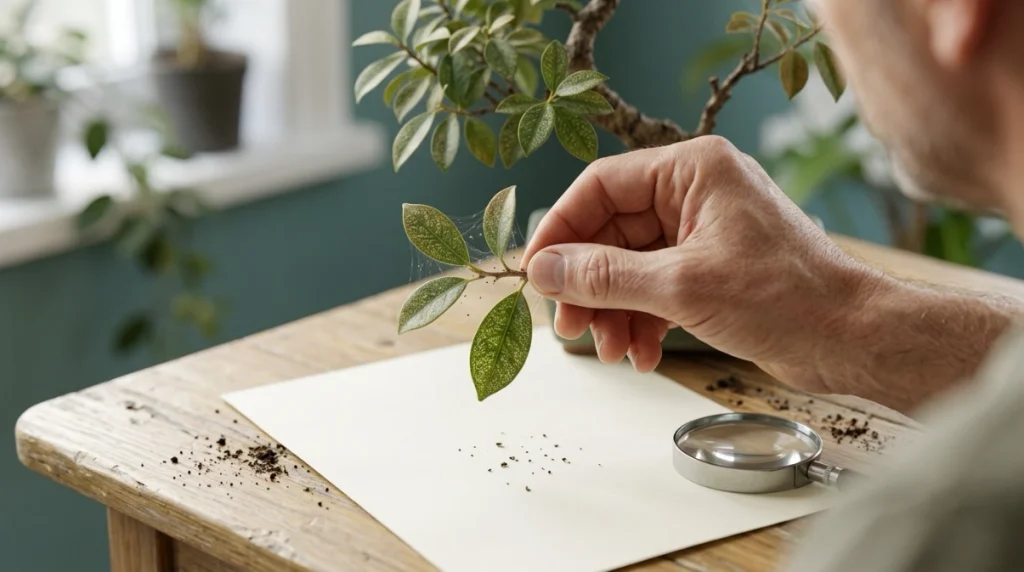 White-paper test detecting spider mites on indoor bonsai with stippled leaves and webbing