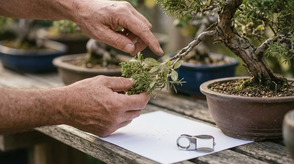 Grower checking spider mites on outdoor bonsai using white paper and a hand lens
