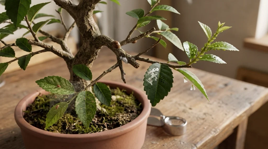 Bonsai leaves showing spider mites, aphids, scale, mealybugs, thrips, and whitefly clues