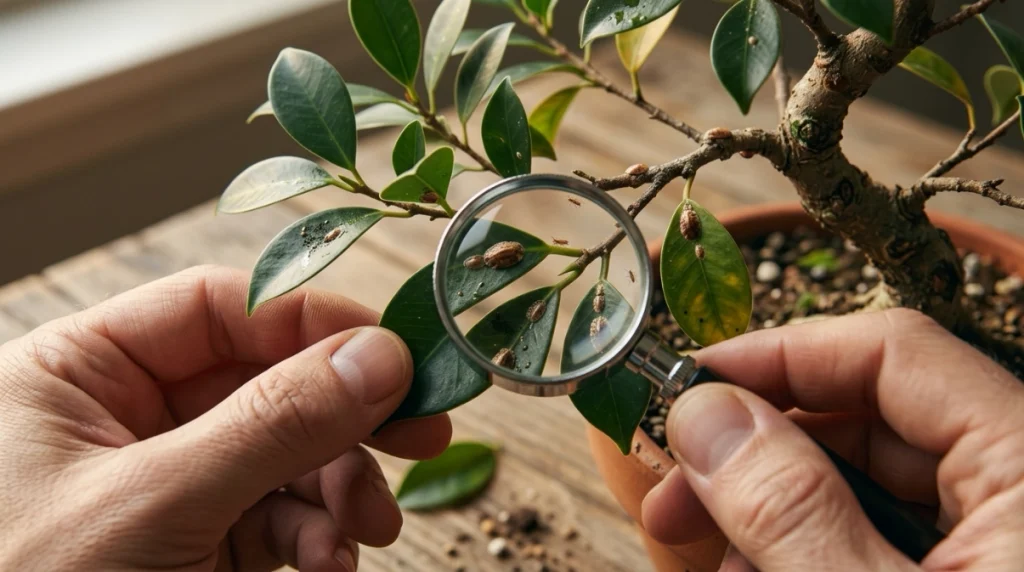 Scale insects on bonsai leaves inspected with a hand lens for bumps, honeydew, and crawlers