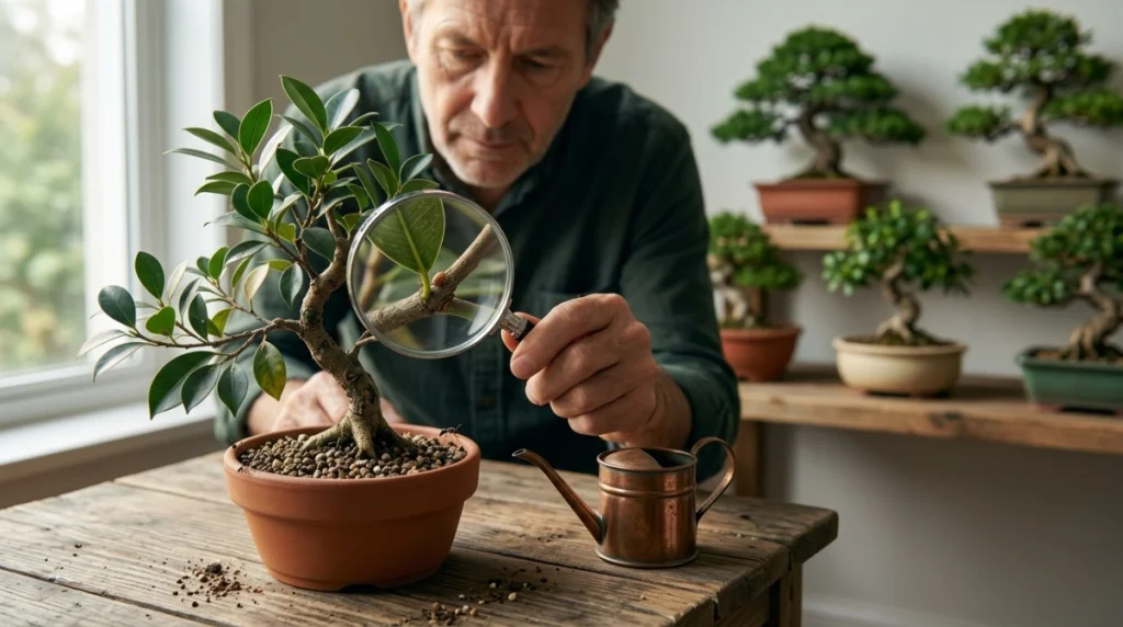 Preventing scale insects on bonsai leaves by inspecting a quarantined new bonsai before collection placement