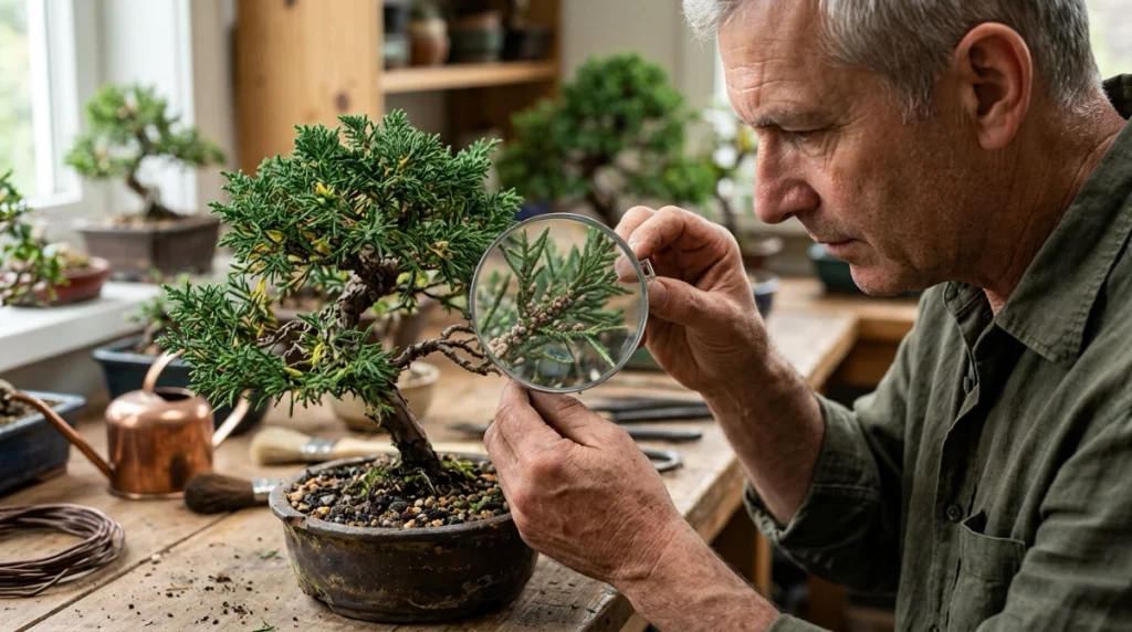 Close inspection revealing scale insects on bonsai leaf veins and branches with a hand lens