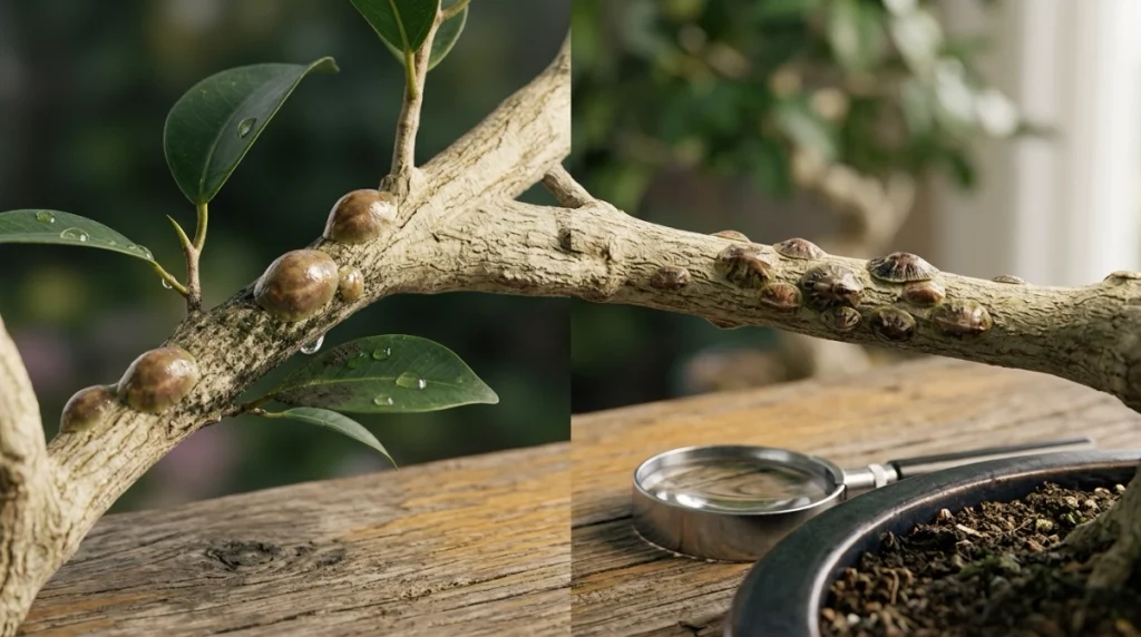 Soft and armored scale compared on bonsai branches with honeydew visible on soft scale