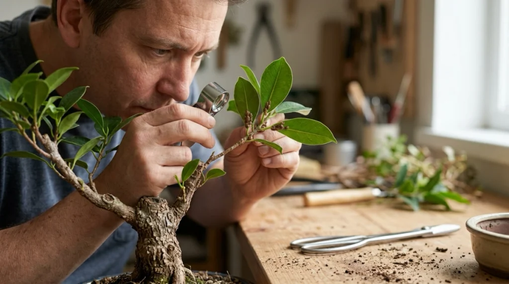 Grower using a hand lens to inspect bonsai leaf undersides, branch joints, bark, and young twigs for scale