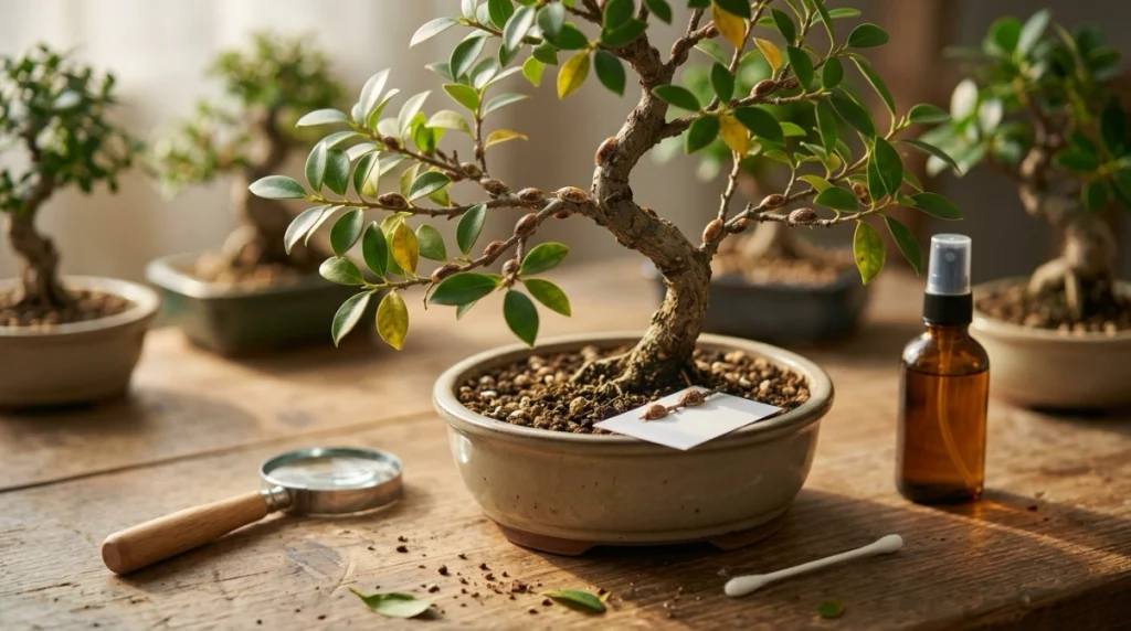 Isolated bonsai being inspected for scale insects before manual removal and treatment