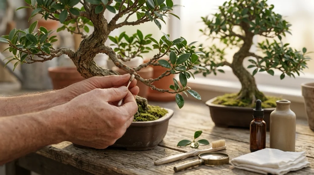 Bonsai grower removing scale insects from a branch with a cotton swab during natural treatment