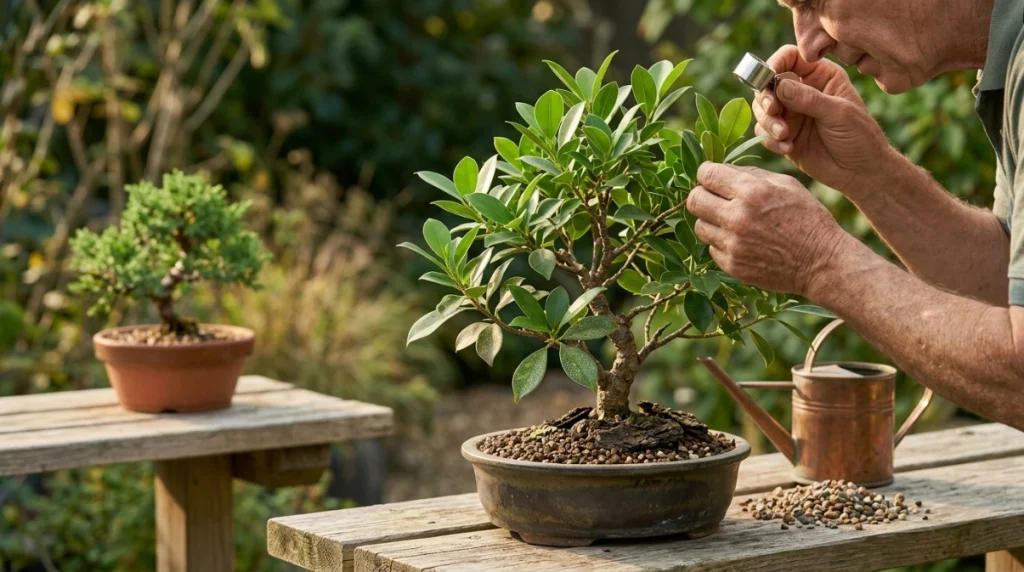 Recovering bonsai with healthy new growth being inspected after a spider mite infestation.