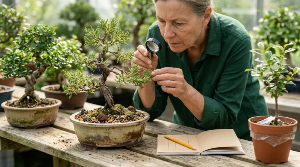 Grower checking bonsai leaf undersides with a hand lens to prevent recurring spider mites
