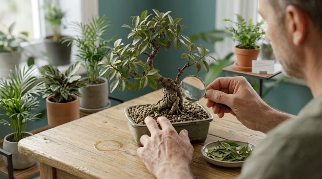 Weekly indoor bonsai inspection with magnifier, moisture check, cleanup, and plant quarantine