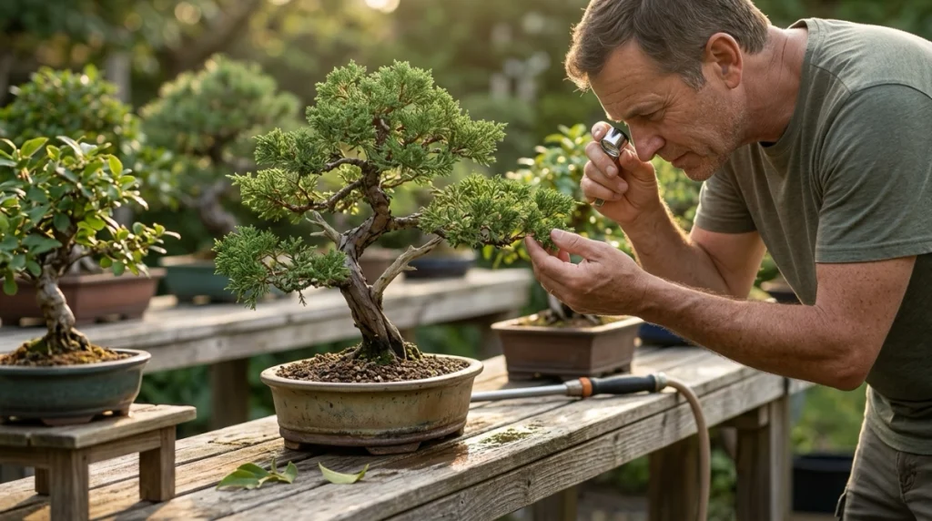 Grower inspecting spaced outdoor bonsai to prevent recurring spider mite infestations