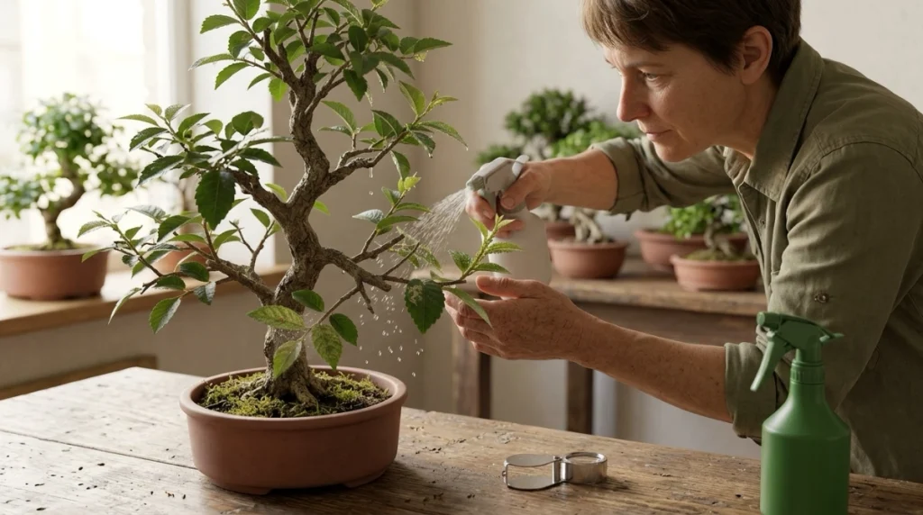 Isolated bonsai being inspected and gently rinsed after pest identification