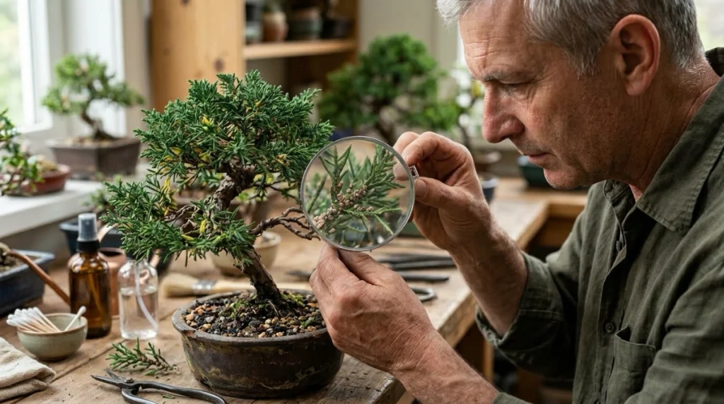Bonsai scale treatment tools including oil, soap, cotton swabs, hand lens, and pruning shears
