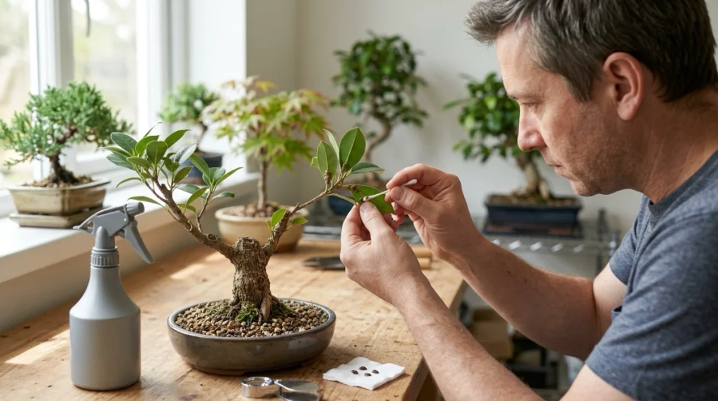 Bonsai grower isolating an affected tree and gently removing scale insects from a branch