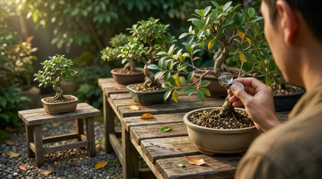 Bonsai grower inspecting trees while a new bonsai remains isolated for scale prevention