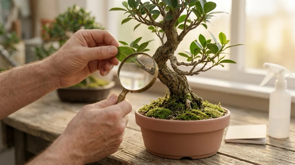 Bonsai grower checking leaf undersides, branches, bark, and new growth after scale treatment