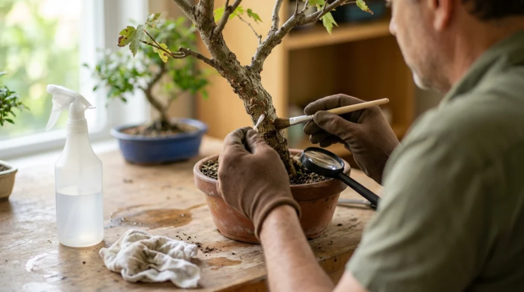 Grower gently removing scale from bonsai branches with a cotton swab and soft brush