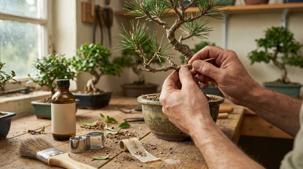 Grower treating brown scale on bonsai by removing insects and monitoring crawlers